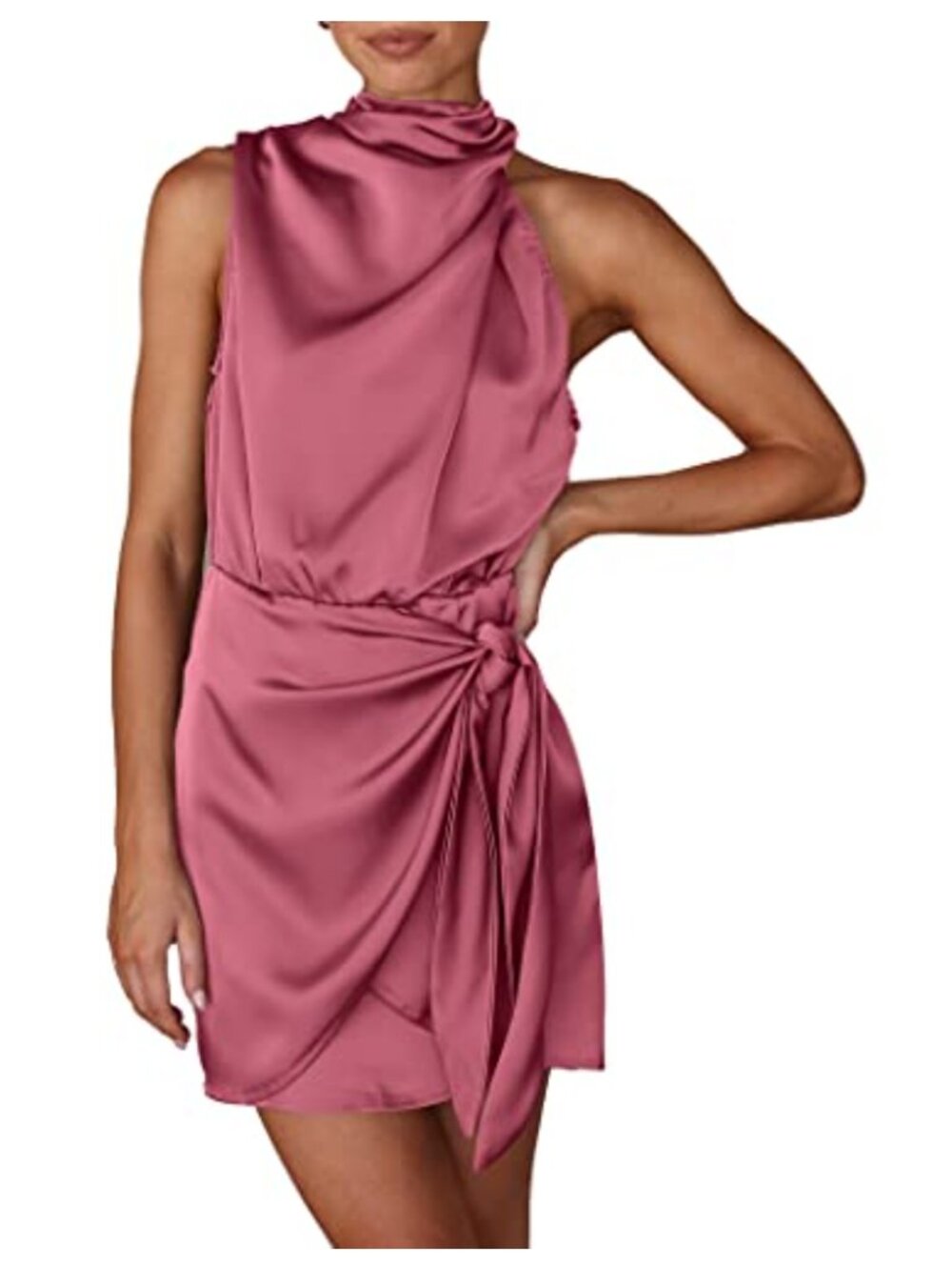Satin Mock Neck Sleeveless Tie Waist Mini Cocktail Formal Dress